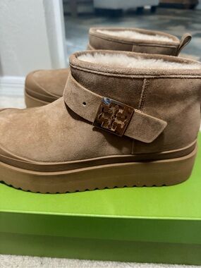 Tory Burch Chestnut Suede Shearling-Lined Platform Ankle Boots